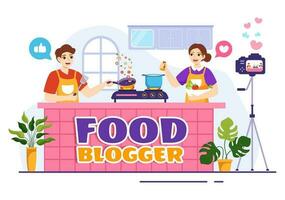 comida blogger vector ilustración con hombre de influencia revisión y compartir eso en el Blog en plano dibujos animados mano dibujado aterrizaje página antecedentes plantillas