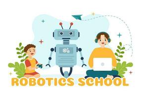 robótica colegio vector ilustración con niños robótico proyecto a programación y Ingenieria robot en plano dibujos animados mano dibujado aterrizaje página plantillas