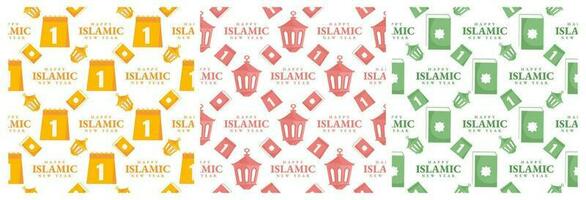 Set of Happy Islamic New Year Seamless Pattern Design Flat Illustration with Muslims Elements in Template Hand Drawn vector