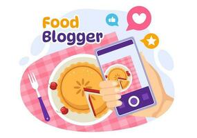 Food Blogger Vector Illustration with Influencer Review and Share it on the Blog in Flat Cartoon Hand Drawn Landing Page Background Templates