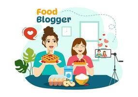 Food Blogger Vector Illustration with Influencer Review and Share it on the Blog in Flat Cartoon Hand Drawn Landing Page Background Templates