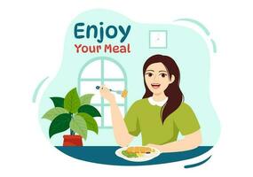 Enjoy Your Meal Vector Illustration a Variety of Delicious Food in Home or Restaurant in Flat Cartoon Hand Drawn Landing Page Background Templates