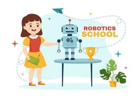 robótica colegio vector ilustración con niños robótico proyecto a programación y Ingenieria robot en plano dibujos animados mano dibujado aterrizaje página plantillas