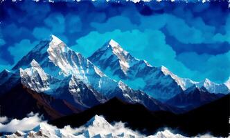 A painting of a mountain on the watercolor background. Watercolor paint. Digital art, photo