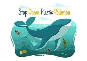 Stop Ocean Plastic Pollution Vector Illustration with Trash Under the Sea like a Waste Bag, Garbage and Bottle in Flat Cartoon Hand Drawn Templates