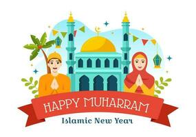 Happy Muharram Vector Illustration with Celebrating Islamic New Year in Flat Cartoon Hand Drawn Landing Page Background Templates