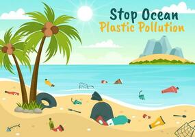 Stop Ocean Plastic Pollution Vector Illustration with Trash Under the Sea like a Waste Bag, Garbage and Bottle in Flat Cartoon Hand Drawn Templates