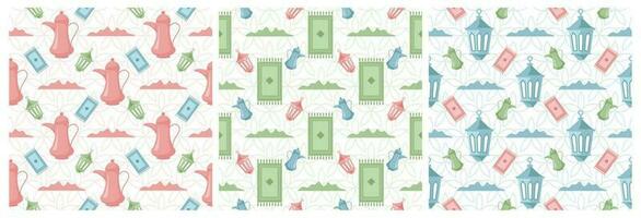 Set of Happy Islamic New Year Seamless Pattern Design Flat Illustration with Muslims Elements in Template Hand Drawn vector