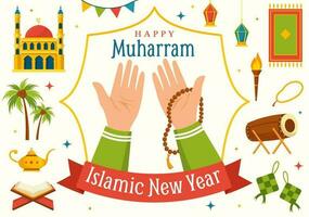 Happy Muharram Vector Illustration with Celebrating Islamic New Year in Flat Cartoon Hand Drawn Landing Page Background Templates