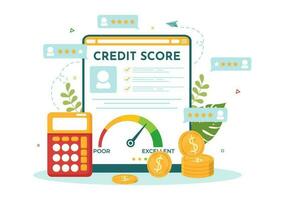 Credit Score Vector Illustration with Loan Arrow Gauge Speedometer Indicator from Poor to Good Rate in Flat Cartoon Hand Drawn Templates