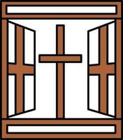 Open Window With Christian Cross Icon In Brown And White Color. vector