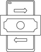 dinero transacción en teléfono inteligente icono en negro línea Arte. vector