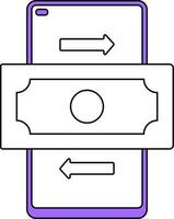 dinero transacción en teléfono inteligente icono en púrpura y blanco color. vector