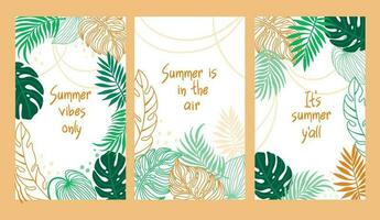 Summer background with tropical leaves in pastel colors. Set of flyers. Vector