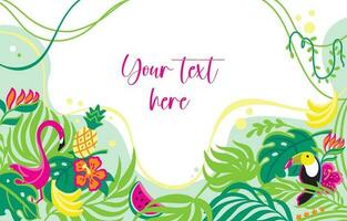 Toucan and flamingo in tropical forest. Summer banner. Mockup. Vector illustration.