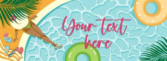 Beautiful girl sitting by the pool. Summer vibes. Mockup. Banner for your text. Vector illustration.