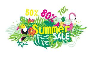 Exotic birds in tropical forest. Summer sales banner. Vector illustration.