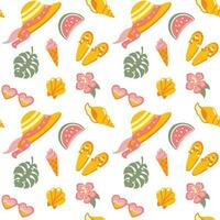 Summer beach, tropical leaves, ice cream, straw hat, vacation. Seamless pattern for fabric, wrapping, textile, wallpaper, apparel. Vector. vector