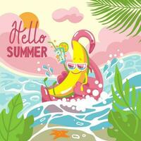 Cheerful banana in sunglasses floats in the sea on pool float. Summer party. Hello summer. Vector illustration.