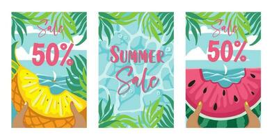 bandera de verano venta. Brillo Solar playa, mar y palmera. tropical paisaje. póster. vector ilustración.