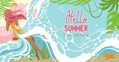 Summer scene, young woman sitting on swing on the beach, looking at the sea. Hello summer,  background, banner. Vector illustration.