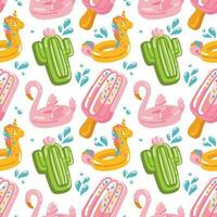 Collections of funny inflatable swimming pools in the form of ice cream, cactus, flamingos and unicorns. Summer recreation and entertainment. Seamless pattern. Vector. vector