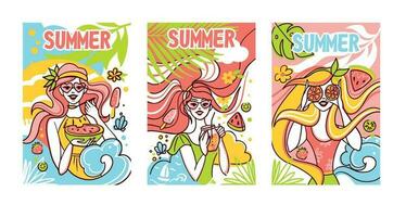 Cute girls with fruits on the beach. Hello summer. Summer illustration. vector