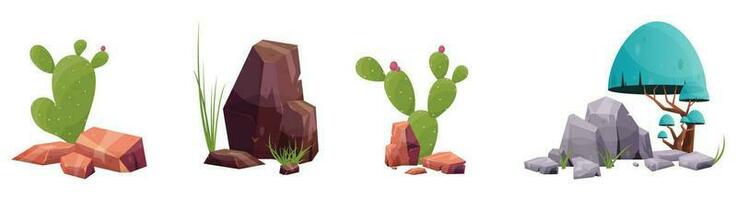 Desert rock with plants in different colors vector illustration isolated on white