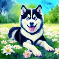 A beautiful Alaskan husky dog. Watercolor painting. Majestic Trails. photo