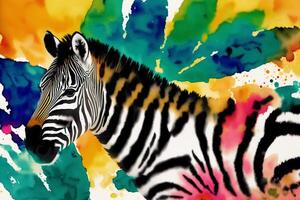 A colorful painting of a zebra on abstract watercolor background. Watercolor paint. photo