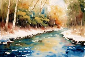 Tranquil Summer Scenery. A Watercolor Painting of Park, Lake, field and River. photo