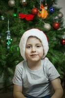 un foto de un hermosa chico en un gris camiseta y un Papa Noel claus sombrero a el Navidad árbol, mirando dentro el cámara. retrato en un brillante habitación. natural, no escenificado fotografía.