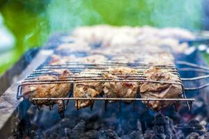 Cooking a barbecue on the fire. Traditional Caucasian kebab on a skewer, cooking meat on skewers. photo