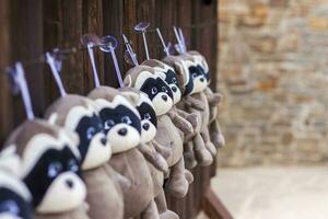 Soft raccoon toys hang in a row on a wooden background. A showcase with toys. photo