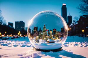 A painting of a snow globe with a snowy scene on the watercolor background. Watercolor paint. Digital art, photo