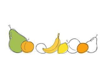 A set of fruit icons on a white background. Fruit doodles are black with abstract colored shapes. Line drawing style. The objects are isolated. Vector. vector