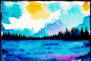 A painting of a snowy landscape with a blue sky and trees in the foreground.Winter. Watercolor paint. Digital art, photo