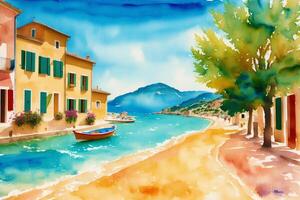 A watercolor town. Italy, Spain, France. Watercolor Painting of a Serene Mediterranean Town. photo