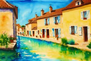 A watercolor town. Italy, Spain, France. Watercolor Painting of a Serene Mediterranean Town. photo