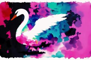 A watercolor painting of a white swan. A colorful painting of a swan. photo