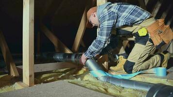 House Attic. Industrial Theme. Caucasian Technician in His 30s Assembly Air Ventilation Pipes. video