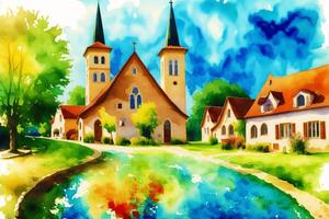 A watercolor town. Germany, Austria. Watercolor Painting of a German or Austrian Town. photo