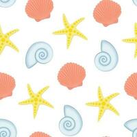 Vector seamless pattern. Seashells and a starfish in the cartoon style. Summer, beach.