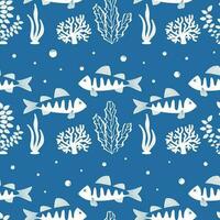 Vector seamless pattern on a blue background. Fish and algae in cartoon style. Summer, beach