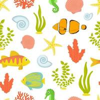 Vector seamless pattern. Underwater world in cartoon style. Summer, sea, fish, shells, algae.