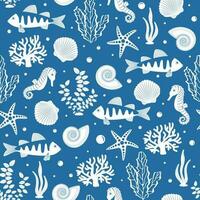 Vector seamless pattern on a blue background. Underwater world in cartoon style. Summer, sea, fish, shells, algae