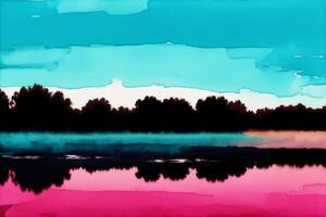 A painting of a lake on the watercolor background. Watercolor paint. Digital art, photo