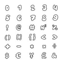 Scribble black special mathematical and other symbols and signs font 0 to 9. Vector illustration in hand drawn doodle style isolated on white background. For decorating, sales, logo, card, learning.