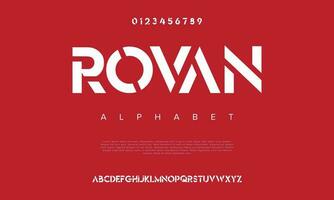 Rovan abstract digital technology logo font alphabet. Minimal modern urban fonts for logo, brand etc. Typography typeface uppercase lowercase and number. vector illustration