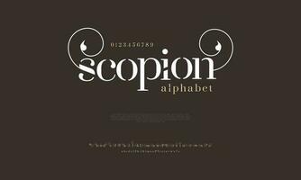 escorpión resumen digital tecnología logo fuente alfabeto. mínimo moderno urbano fuentes para logo, marca etc. tipografía tipo de letra mayúscula minúsculas y número. vector ilustración